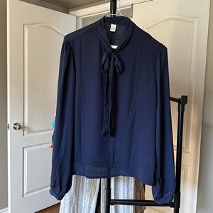 Women's Solid Print Elegant Bow Tie Neck Long Sleeve Blouse Top Navy M